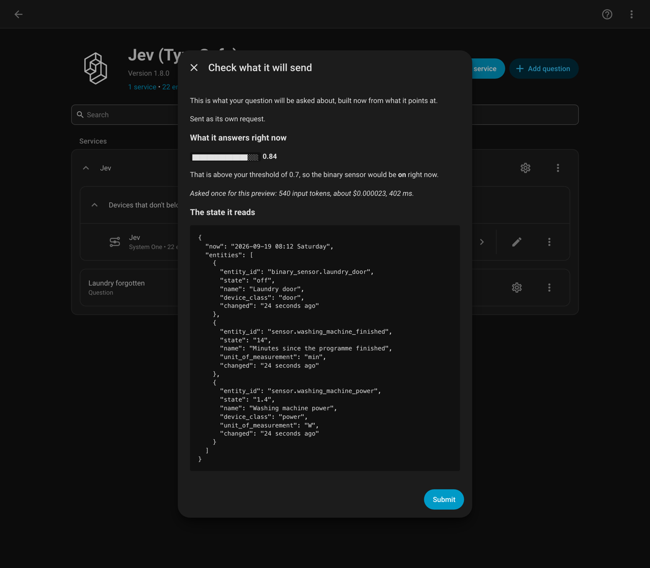 Окно предварительного просмотра вопроса Jev в Home Assistant с входными состояниями датчиков