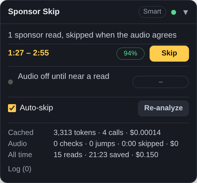 Панель Sponsor Skip с найденной рекламной вставкой, кнопкой Skip и настройкой автопропуска